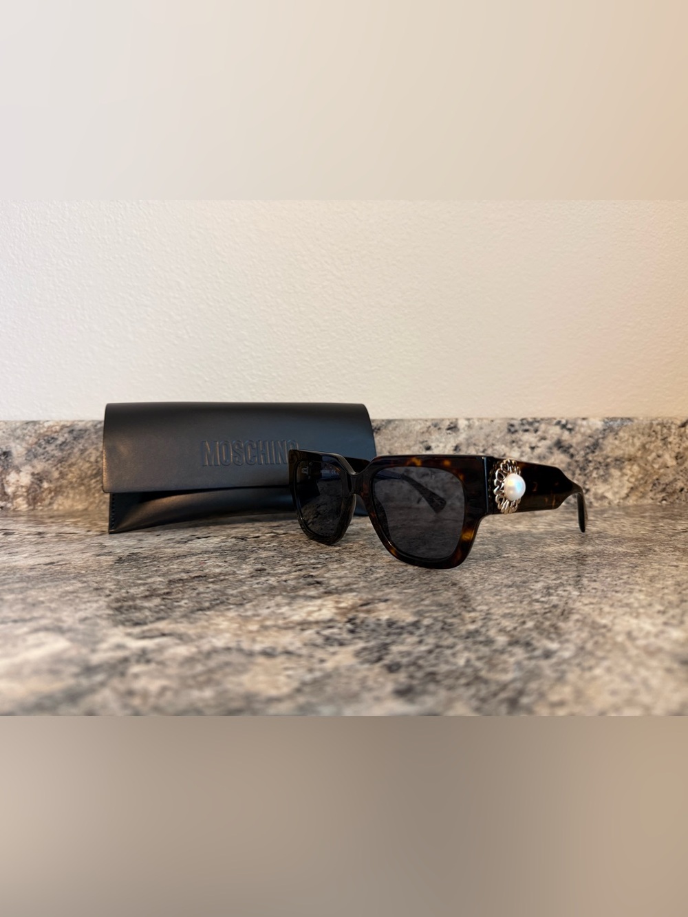 Moschino Tortoiseshell Sunglasses with Pearl & Silver Accent - Brown/Black